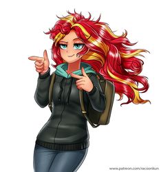 Size: 1600x1713 | Tagged: safe, artist:racoonsan, sunset shimmer, equestria girls, g4, monday blues, my little pony equestria girls: summertime shorts, backpack, bed hair, clothes, cute, female, finger gun, finger guns, flowing hair, hoodie, jeans, lidded eyes, majestic as fuck, pants, shimmerbetes, simple background, smiling, smirk, solo, sunset fonz, white background, wind