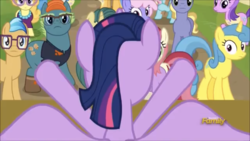 Size: 2208x1242 | Tagged: safe, screencap, bigger jim, dandy dispatch, plunkett, twilight sparkle, alicorn, pony, unicorn, fame and misfortune, g4, female, male, mare, out of context, stallion, traditional royal canterlot voice, twilight sparkle (alicorn)