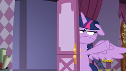 Size: 1920x1080 | Tagged: safe, screencap, twilight sparkle, alicorn, pony, fame and misfortune, g4, carousel boutique, faic, female, flattened, floppy ears, frown, mare, solo, squished, twilight sparkle (alicorn), twilight sparkle is not amused, unamused