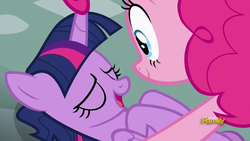 Size: 1280x720 | Tagged: safe, screencap, pinkie pie, twilight sparkle, alicorn, earth pony, pony, fame and misfortune, g4, eyes closed, female, mare, out of context, twilight sparkle (alicorn)