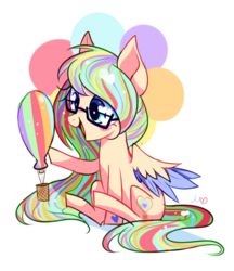 Size: 600x693 | Tagged: safe, artist:ipun, oc, oc only, oc:skye, pegasus, pony, commission, female, glasses, heart eyes, hot air balloon, mare, multicolored hair, open mouth, simple background, smiling, solo, white background, wingding eyes