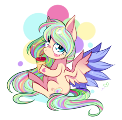 Size: 600x590 | Tagged: safe, artist:ipun, oc, oc only, oc:skye, pegasus, pony, colored wings, female, heart eyes, juice, mare, multicolored wings, simple background, sitting, solo, white background, wingding eyes