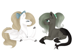 Size: 960x675 | Tagged: safe, artist:tinatina-8, oc, oc only, oc:akaszi, earth pony, pegasus, pony, bow, female, hair bow, mare, prone, simple background, transparent background