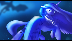 Size: 4680x2675 | Tagged: safe, artist:auroriia, princess luna, alicorn, dragon, pony, g4, female, flying, high res, looking back, mare, missing accessory, night, solo, stars