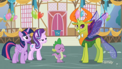 Size: 1366x768 | Tagged: safe, screencap, spike, starlight glimmer, thorax, twilight sparkle, alicorn, changedling, changeling, dragon, pony, g4, triple threat, king thorax, twilight sparkle (alicorn)