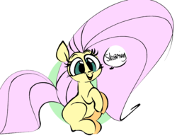 Size: 909x710 | Tagged: safe, artist:hattsy, fluttershy, pony, g4, dialogue, female, looking at you, mare, missing cutie mark, open mouth, sitting, smiling, solo, speech bubble, wingless