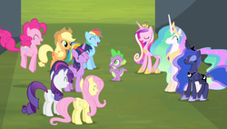 Size: 1266x720 | Tagged: safe, screencap, applejack, fluttershy, pinkie pie, princess cadance, princess celestia, princess luna, rainbow dash, rarity, spike, twilight sparkle, alicorn, dragon, pony, equestria games (episode), g4, equestria games, height difference, jumping, laughing, lidded eyes, mane six, open mouth, physique difference, princess luna is amused, slender, smiling, thin, twilight sparkle (alicorn)