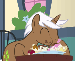 Size: 504x409 | Tagged: safe, screencap, mochaccino, rare find, pony, unicorn, fame and misfortune, g4, :t, animated, aweeg*, cute, eating, food, gif, horses doing horse things, ice cream, male, messy eating, puffy cheeks, smiling, solo, stallion, sundae