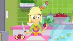 Size: 1920x1080 | Tagged: safe, screencap, applejack, equestria girls, g4, my little pony equestria girls: summertime shorts, shake things up!, apple, beet, female, food, knife, solo