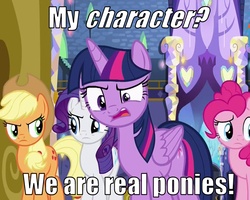 Size: 900x720 | Tagged: safe, edit, edited screencap, screencap, applejack, pinkie pie, rarity, twilight sparkle, alicorn, pony, fame and misfortune, g4, crystal castle, female, image macro, meme, meta, quote, twilight sparkle (alicorn)