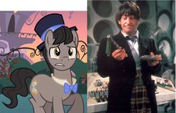 Size: 824x528 | Tagged: safe, screencap, eleventh hour, earth pony, human, pony, g4, sweet and elite, bowtie, clothes, comparison, doctor who, frock coat, hat, irl, irl human, pants, patrick troughton, photo, recorder, screenshots, second doctor, shirt, tartan, the doctor, time lord, top hat
