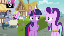 Size: 806x454 | Tagged: safe, screencap, daisy, diamond cutter, flower wishes, lavender bloom, starlight glimmer, twilight sparkle, alicorn, earth pony, pony, unicorn, fame and misfortune, g4, animated, female, gif, male, mare, stallion, tv rating, tv-y, twilight sparkle (alicorn)