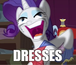 Size: 538x461 | Tagged: safe, edit, edited screencap, screencap, rarity, pony, unicorn, fame and misfortune, g4, caption, crying, faic, female, image macro, insanity, makeup, mare, meme, obsession, rarisnap, running makeup, solo, that pony sure does love dresses, why i'm creating a gown darling