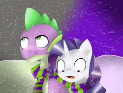 Size: 4096x3112 | Tagged: safe, artist:lilykajra005, rarity, spike, dragon, g4, clothes, female, male, older, older spike, scarf, shared clothing, shared scarf, ship:sparity, shipping, straight