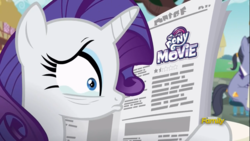 Size: 1366x768 | Tagged: safe, edit, edited screencap, screencap, diamond cutter, rarity, pony, unicorn, fame and misfortune, g4, crying, discovery family logo, female, hoof hold, mare, marshmelodrama, my little pony: the movie logo, newspaper, rarity being rarity, rating, this will end in marshmelodrama, this will end in tears