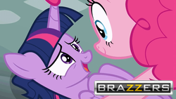 Size: 1260x709 | Tagged: safe, edit, edited screencap, screencap, pinkie pie, twilight sparkle, alicorn, pony, fame and misfortune, g4, brazzers, female, lesbian, pinkielight, ship:twinkie, shipping, twilight sparkle (alicorn)