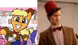 Size: 373x215 | Tagged: safe, applejack, earth pony, pony, g4, blazer, bowtie, clothes, comparison, doctor who, eleventh doctor, fez, hat, matt smith, screenshots, shirt, tweed