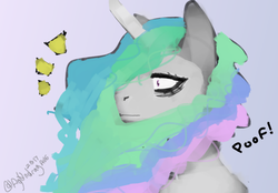 Size: 1550x1080 | Tagged: safe, artist:itzdatag0ndray, princess celestia, pony, g4, curly hair, female, painting, poof, shocked, solo, surprised, wavy mane