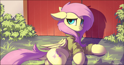 Size: 1677x877 | Tagged: safe, artist:ramiras, fluttershy, pegasus, pony, fame and misfortune, g4, bottomless, butt, clothes, cute, dock, female, floppy ears, grass, looking back, mare, partial nudity, plot, scene interpretation, shyabetes, solo, sweater, sweatershy, wallpaper