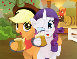 Size: 1024x791 | Tagged: safe, artist:coltsteelstallion, applejack, big macintosh, rarity, earth pony, pony, unicorn, g4, apple cider, bandana, bowtie, cowboy hat, deviantart watermark, female, hat, hind legs, male, mare, mug, obtrusive watermark, one eye closed, side hug, stallion, stetson, tray, waiter, watermark, wink