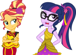 Size: 4094x3001 | Tagged: safe, artist:cloudy glow, sci-twi, sunset shimmer, twilight sparkle, equestria girls, equestria girls specials, g4, my little pony equestria girls: dance magic, alternate hairstyle, clothes, crossed arms, dress, female, glasses, high res, open mouth, simple background, transparent background, vector