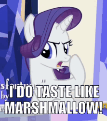 Size: 359x404 | Tagged: safe, edit, edited screencap, screencap, rarity, pony, unicorn, fame and misfortune, g4, animated, bbbb, female, food, gif, hoof in mouth, image macro, loop, mare, marshmallow, meme, rarity is a marshmallow, solo