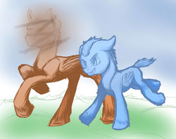 Size: 1279x1014 | Tagged: safe, artist:thatonegib, oc, oc only, pegasus, pony, daily sketch, father and son, folded wings, male, memories, running, short hair, short tail, simple background, smiling, unshorn fetlocks