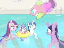 Size: 1280x960 | Tagged: safe, artist:halflingpony, princess cadance, princess flurry heart, shining armor, twilight sparkle, alicorn, fish, pony, unicorn, g4, family, inflatable, inner tube, ladder, magic, newbie artist training grounds, playing, pool toy, sisters-in-law, swimming, swimming pool, water, water wings, wet mane