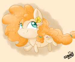 Size: 6000x5000 | Tagged: safe, artist:meowmavi, pear butter, earth pony, pony, g4, the perfect pear, absurd resolution, chibi, female, flower, flower in hair, heart, mare, simple background, smiling, solo, wingding eyes