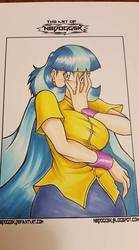 Size: 533x960 | Tagged: safe, artist:n8dogg5k, coco pommel, human, bronycon, bronycon 2017, g4, blushing, cape, clothes, embarrassed, female, humanized, jojo pose, jojo's bizarre adventure, solo, traditional art, wristband