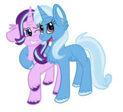 Size: 401x366 | Tagged: safe, artist:tricks-up-my-sleeve, starlight glimmer, trixie, pony, unicorn, g4, duo, hug, smiling, unshorn fetlocks