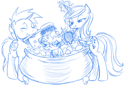 Size: 877x605 | Tagged: safe, artist:heart-of-stitches, oc, oc only, oc:harmony star, alicorn, pony, alicorn oc, bath, bathtub, chest fluff, claw foot bathtub, eyes closed, female, filly, forced bathing, frown, glowing horn, horn, lineart, magic, male, mare, monochrome, mouth hold, sketch, smiling, stallion, telekinesis