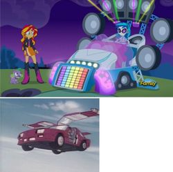 Size: 594x592 | Tagged: safe, screencap, dj pon-3, sunset shimmer, vinyl scratch, equestria girls, g4, my little pony equestria girls: rainbow rocks, bassmobile, lyrics in the comments, m.a.s.k