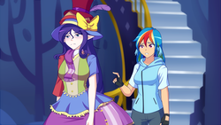 Size: 1280x720 | Tagged: safe, artist:jonfawkes, rainbow dash, rarity, human, fame and misfortune, g4, clothes, elf ears, fingerless gloves, floppy ears, gloves, hoodie, humanized, multicolored hair, scene interpretation, stress couture, unicorns as elves, wing ears