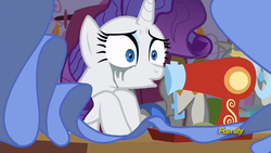 Size: 1279x719 | Tagged: safe, screencap, rarity, pony, fame and misfortune, g4, discovery family logo, female, makeup, mare, marshmelodrama, running makeup, sewing, sewing machine, solo