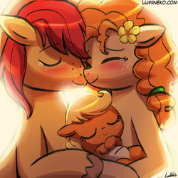 Size: 750x750 | Tagged: safe, artist:lumineko, applejack, bright mac, pear butter, earth pony, pony, g4, season 7, the perfect pear, applejack's parents, baby, baby pony, babyjack, blushing, crying, cute, eyes closed, family, female, filly, flower, flower in hair, foal, jackabetes, male, mare, pearabetes, ship:brightbutter, shipping, signature, simple background, smiling, stallion, straight, tears of joy, trio