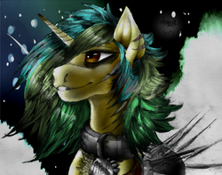Size: 3103x2446 | Tagged: safe, artist:brainiac, oc, oc only, oc:piper, pony, unicorn, fallout equestria, chest fluff, collar, female, grin, high res, mare, pet collar, raider, raider armor, scar, smiling, solo, spiked armor, spikes