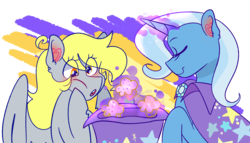 Size: 4040x2317 | Tagged: safe, artist:cubbybatdoodles, derpy hooves, trixie, pegasus, pony, unicorn, g4, abstract background, clothes, female, food, hat, magic, mare, muffin, trixie's hat