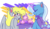 Size: 4040x2317 | Tagged: safe, artist:cubbybatdoodles, derpy hooves, trixie, pegasus, pony, unicorn, g4, abstract background, clothes, female, food, hat, magic, mare, muffin, trixie's hat