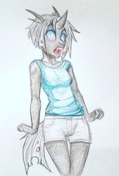 Size: 2732x4032 | Tagged: safe, artist:askbubblelee, oc, oc only, oc:imago, changeling, anthro, anthro oc, blushing, changeling oc, clothes, cuteling, fangs, female, mare, open mouth, short hair, shorts, solo, surprised, tank top, traditional art
