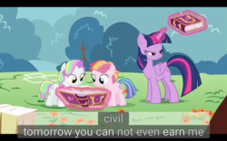 Size: 1920x1200 | Tagged: safe, screencap, coconut cream, toola roola, twilight sparkle, alicorn, pony, fame and misfortune, g4, meme, twilight sparkle (alicorn), youtube caption