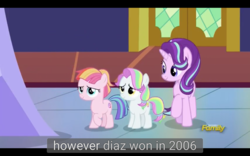 Size: 1920x1200 | Tagged: safe, screencap, coconut cream, starlight glimmer, toola roola, pony, fame and misfortune, g4, historical revisionism, meme, youtube caption