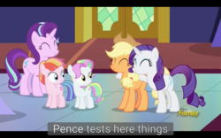 Size: 1920x1200 | Tagged: safe, screencap, applejack, coconut cream, rarity, starlight glimmer, toola roola, pony, fame and misfortune, g4, meme, politics in the comments, youtube caption