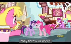 Size: 1920x1200 | Tagged: safe, screencap, berry punch, berryshine, carrot top, cherry berry, coco crusoe, golden harvest, pinkie pie, sassaflash, twilight sparkle, alicorn, pony, fame and misfortune, g4, meme, twilight sparkle (alicorn), youtube caption