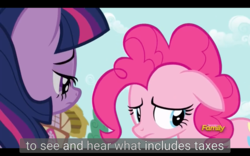 Size: 1920x1200 | Tagged: safe, screencap, pinkie pie, twilight sparkle, alicorn, pony, fame and misfortune, g4, meme, taxes, twilight sparkle (alicorn), youtube caption