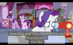 Size: 1920x1200 | Tagged: safe, screencap, rarity, starlight glimmer, twilight sparkle, alicorn, pony, fame and misfortune, g4, makeup, meme, running makeup, sewing, sewing machine, twilight sparkle (alicorn), youtube caption