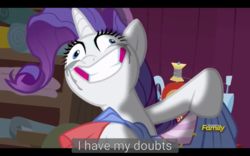Size: 1920x1200 | Tagged: safe, edit, edited screencap, screencap, rarity, pony, unicorn, fame and misfortune, g4, anxious, caption, discovery family logo, faic, female, insanity, makeup, mare, meme, messy mane, rarisnap, reaction image, running makeup, sewing machine, solo, truth, why i'm creating a gown darling, youtube caption
