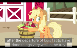 Size: 1920x1200 | Tagged: safe, edit, edited screencap, screencap, applejack, earth pony, pony, fame and misfortune, g4, caption, female, mare, meme, messy mane, solo, youtube caption