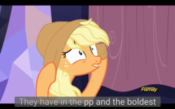 Size: 1920x1200 | Tagged: safe, edit, edited screencap, screencap, applejack, earth pony, pony, fame and misfortune, g4, caption, female, mare, meme, solo, youtube caption