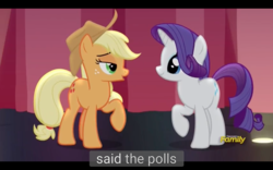 Size: 1920x1200 | Tagged: safe, screencap, applejack, rarity, pony, fame and misfortune, g4, my little pony: friendship is magic, discovery family logo, flawless, meme, youtube caption